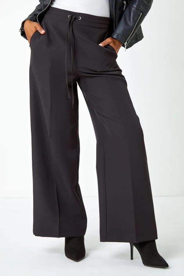 Women Black Petite Elastic Waist Wide Leg Trousers Roman Trousers