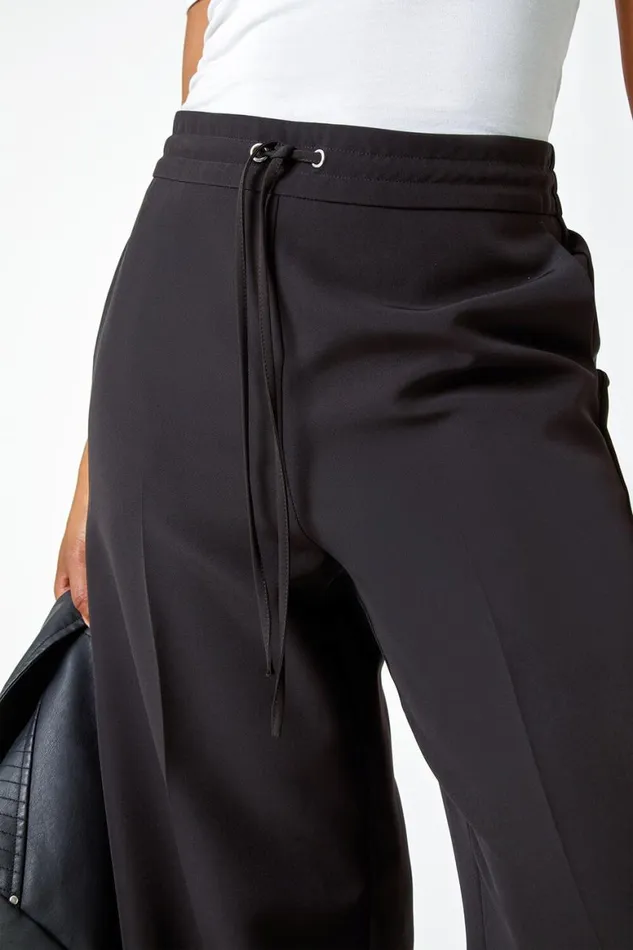 Women Black Petite Elastic Waist Wide Leg Trousers Roman Trousers