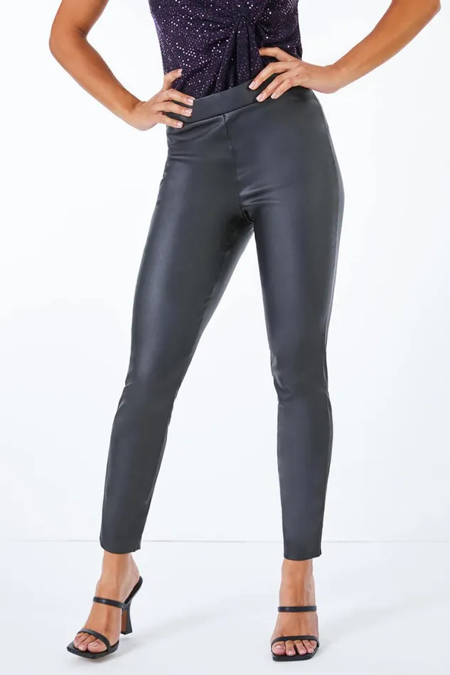 Women Black Petite Faux Leather Pull On Trousers Roman Trousers