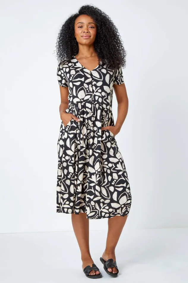 Women Black Petite Floral Button Pocket Midi Dress Roman Dresses