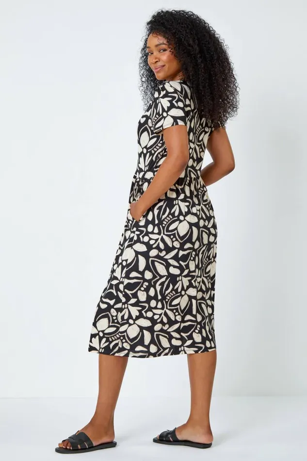 Women Black Petite Floral Button Pocket Midi Dress Roman Dresses