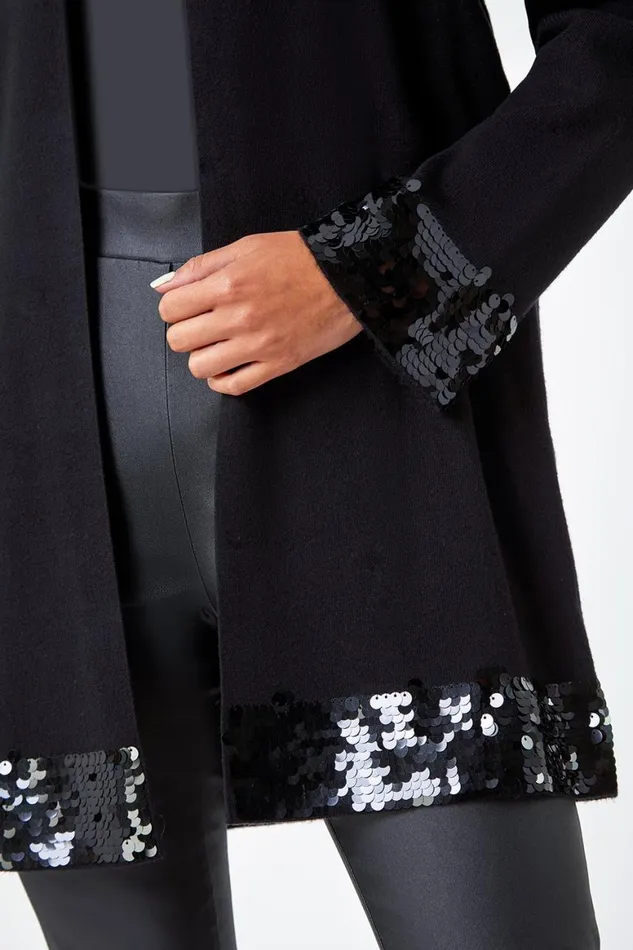 Women Black Petite Sequin Trim Longline Cardigan Roman Knitwear