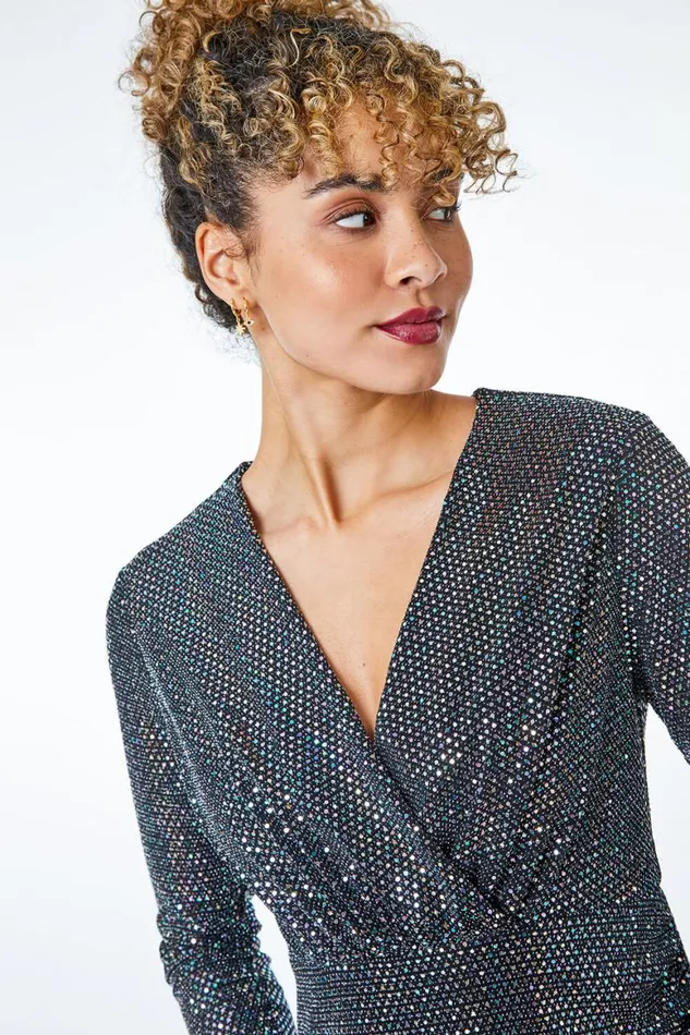 Women Black Petite Sparkle Embellished Ruched Wrap Dress Roman Dresses