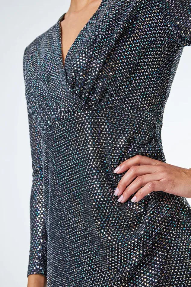 Women Black Petite Sparkle Embellished Ruched Wrap Dress Roman Dresses