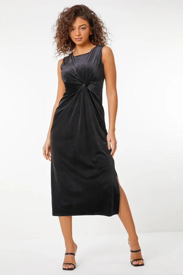 Women Black Petite Twist Velvet Midi Dress Roman Dresses
