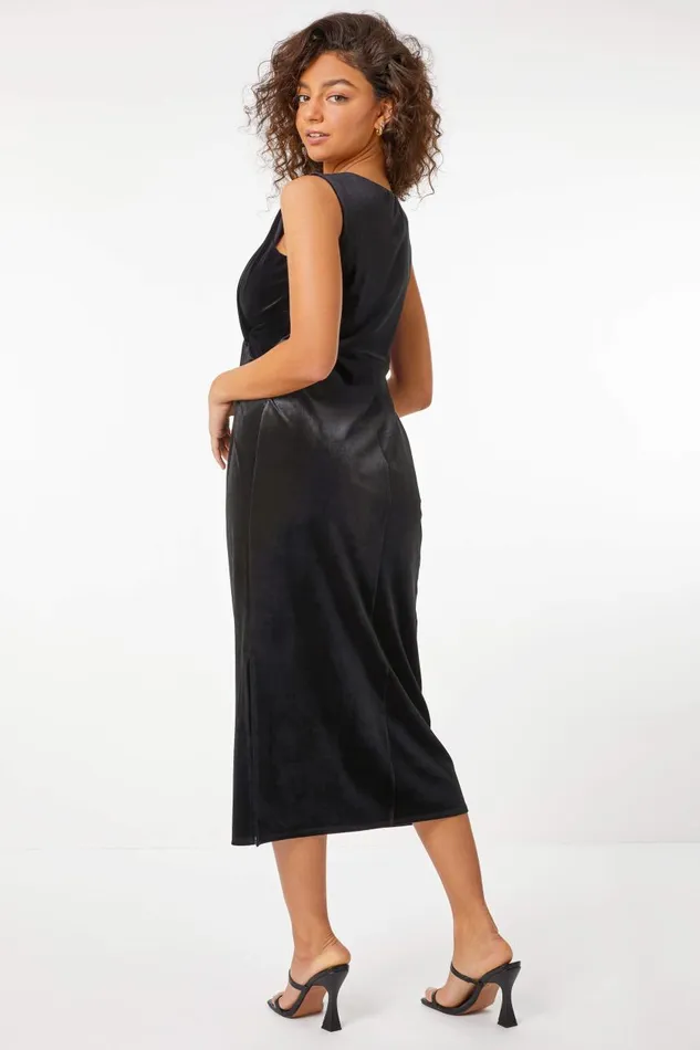 Women Black Petite Twist Velvet Midi Dress Roman Dresses