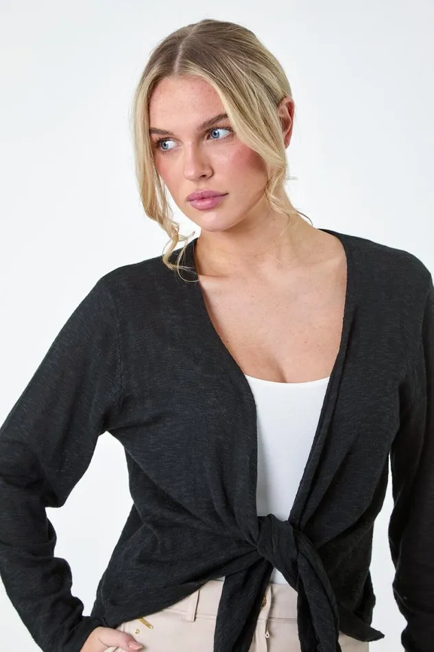 Women Black Petite Waterfall Front Cotton Knit Cardigan Roman Knitwear