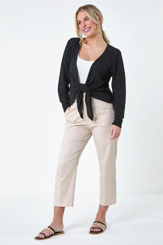 Women Black Petite Waterfall Front Cotton Knit Cardigan Roman Knitwear