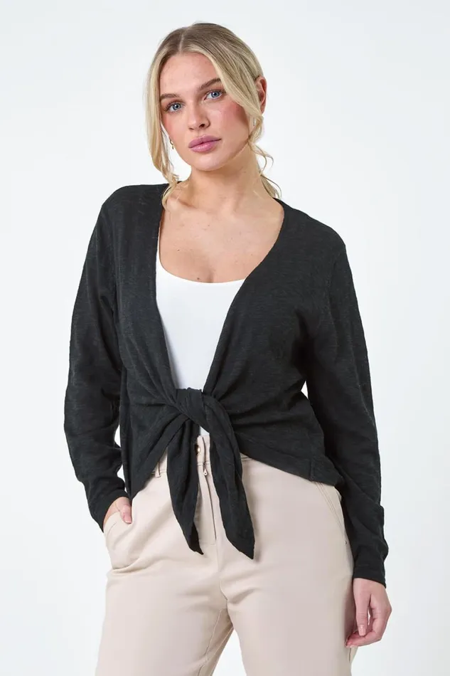 Women Black Petite Waterfall Front Cotton Knit Cardigan Roman Knitwear