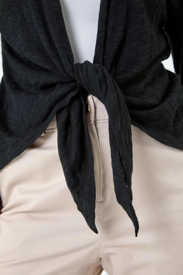 Women Black Petite Waterfall Front Cotton Knit Cardigan Roman Knitwear