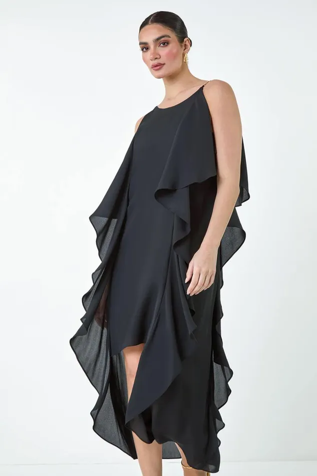 Women Black Plain Dipped Hem Ruffle Detail Midi Dress Roman Dresses