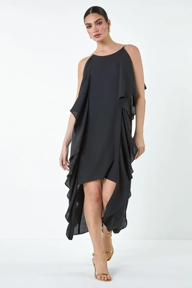 Women Black Plain Dipped Hem Ruffle Detail Midi Dress Roman Dresses