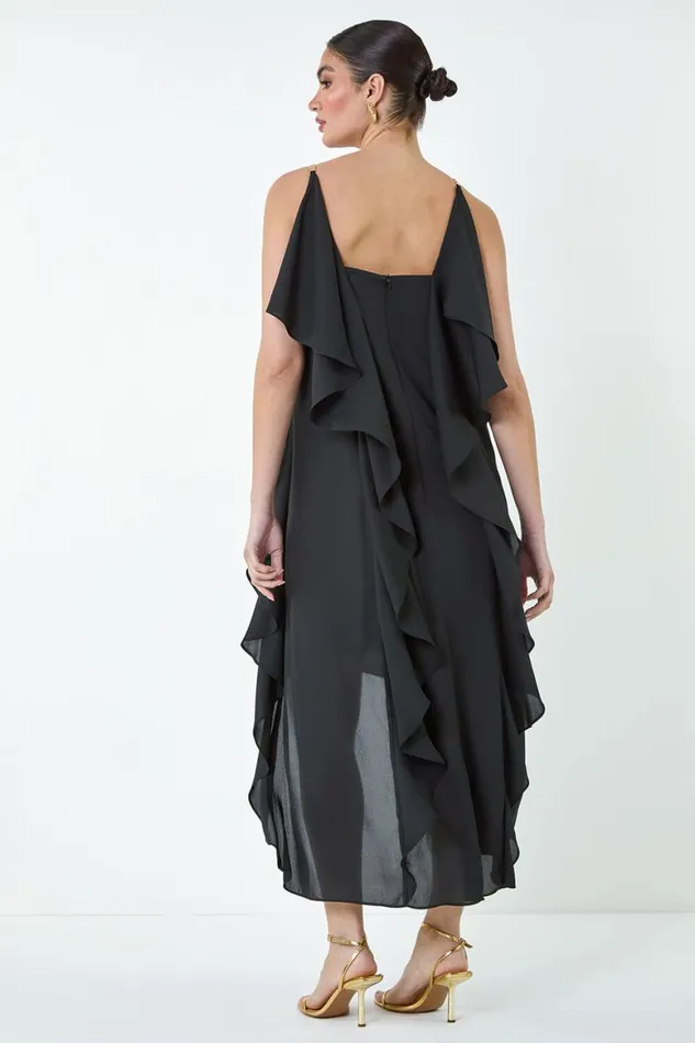 Women Black Plain Dipped Hem Ruffle Detail Midi Dress Roman Dresses