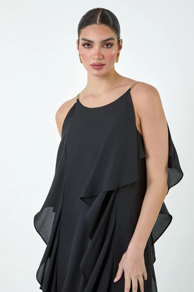 Women Black Plain Dipped Hem Ruffle Detail Midi Dress Roman Dresses