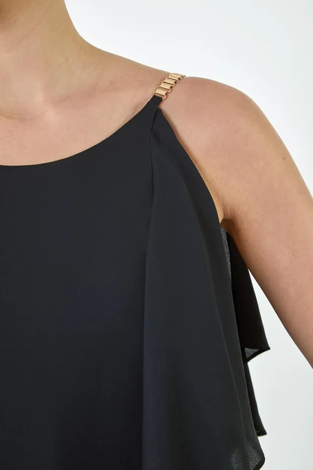 Women Black Plain Dipped Hem Ruffle Detail Midi Dress Roman Dresses