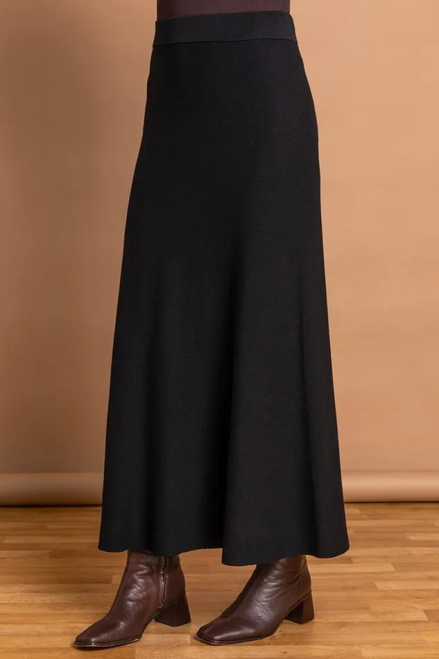 Women Black Plain Elastic Waist Knitted A Line Midi Skirt Roman Skirts