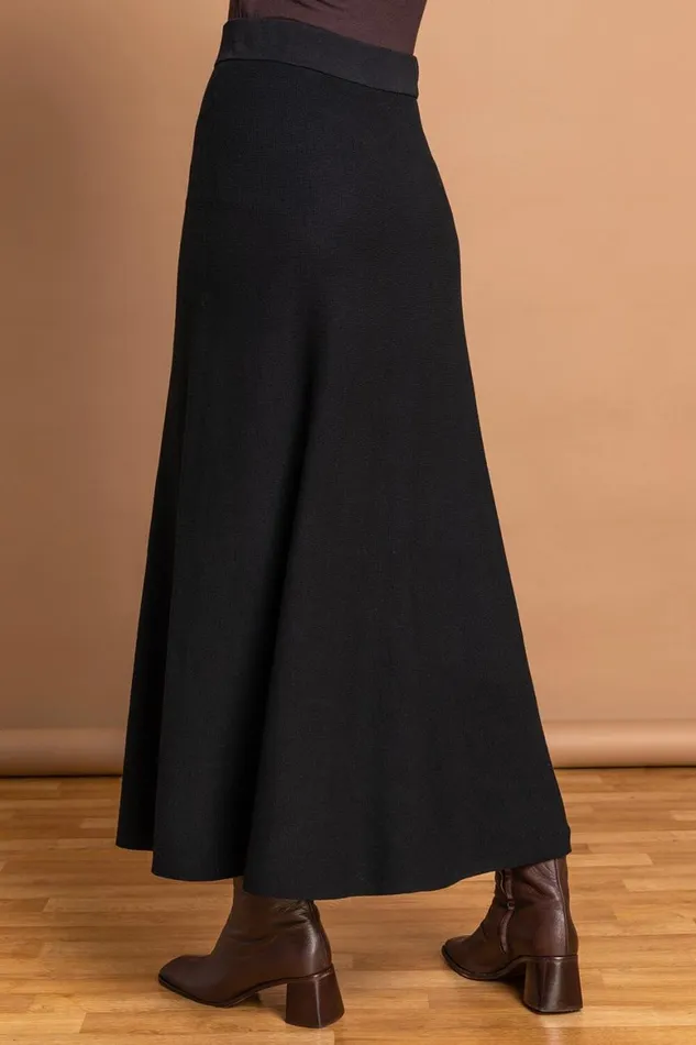 Women Black Plain Elastic Waist Knitted A Line Midi Skirt Roman Skirts