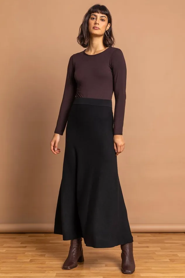 Women Black Plain Elastic Waist Knitted A Line Midi Skirt Roman Skirts
