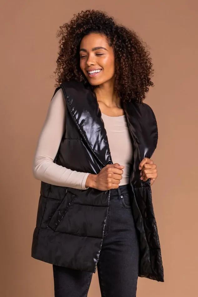 Women Black Quilted Collared Gilet Roman Coats