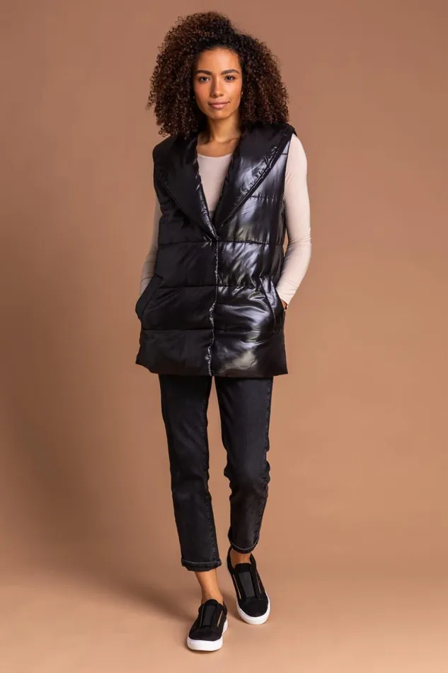 Women Black Quilted Collared Gilet Roman Coats