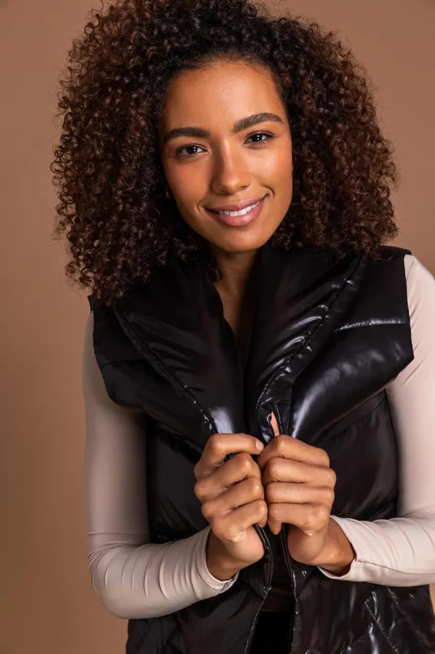 Women Black Quilted Collared Gilet Roman Coats