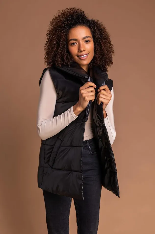 Women Black Quilted Collared Gilet Roman Coats