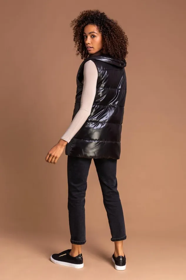Women Black Quilted Collared Gilet Roman Coats