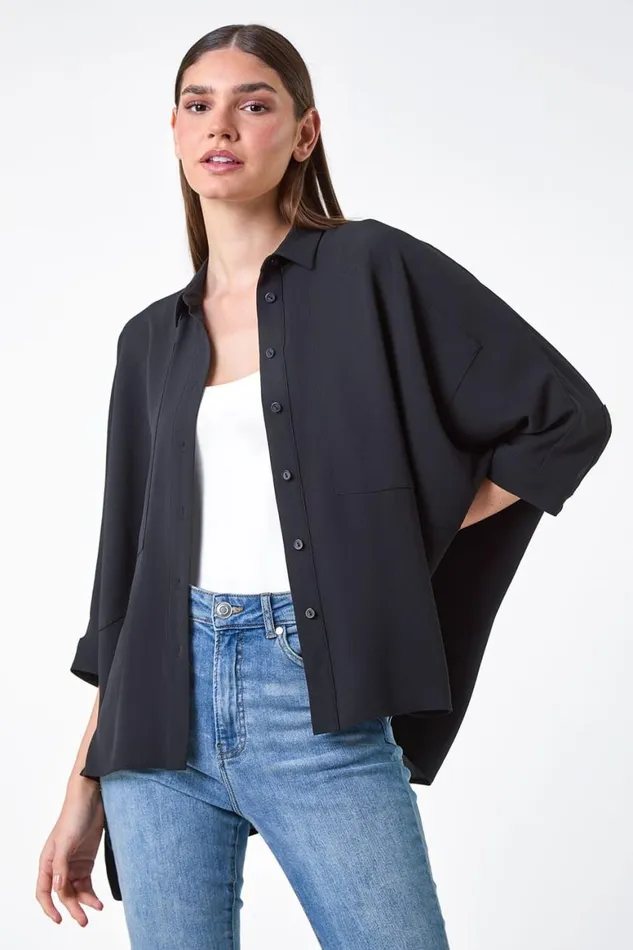 Women Black Relaxed Smart Stretch Shirt Roman Tops