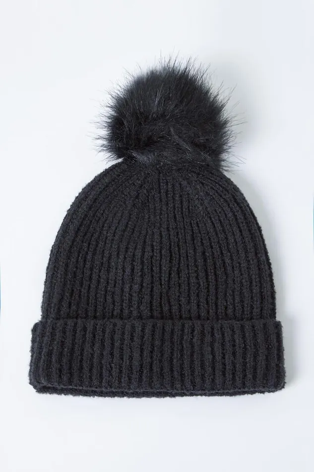 Women Black Ribbed Pom Pom Beanie Hat Roman Hats
