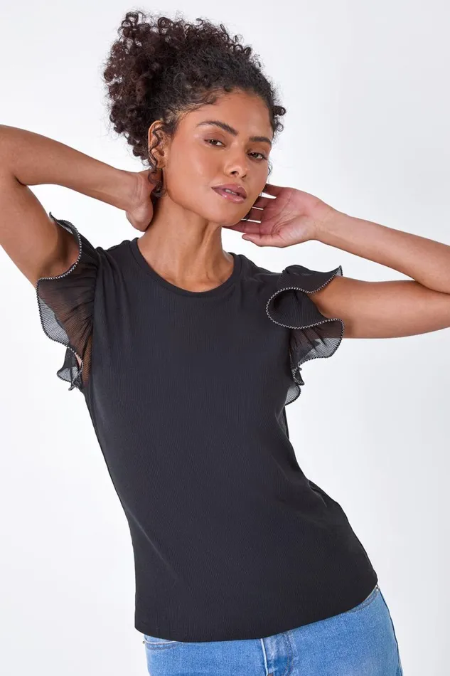 Women Black Ribbed Stretch Frill Detail Top Roman Tops