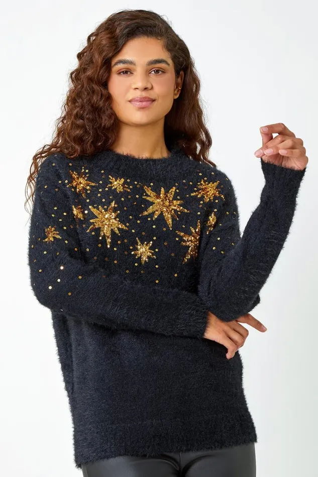 Women Black Sequin Embellished Fluffy Star Jumper Roman Knitwear