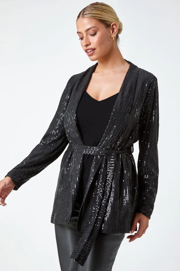 Women Black Sequin Embellished Tie Waist Jacket Roman Occasionwear