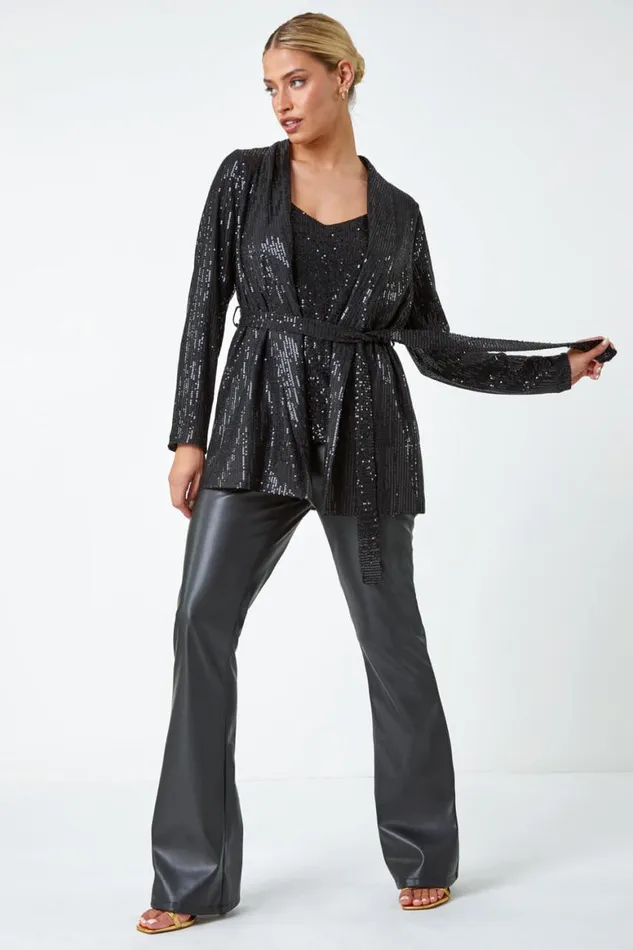 Women Black Sequin Embellished Tie Waist Jacket Roman Occasionwear