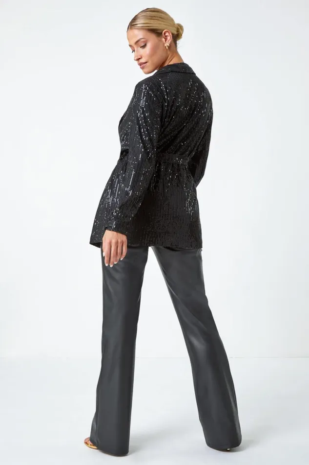 Women Black Sequin Embellished Tie Waist Jacket Roman Occasionwear