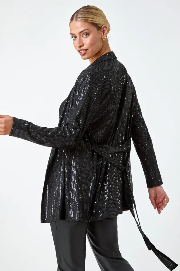Women Black Sequin Embellished Tie Waist Jacket Roman Occasionwear