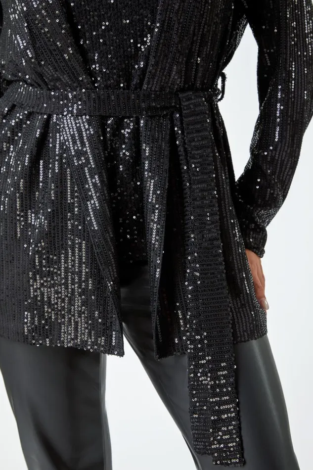 Women Black Sequin Embellished Tie Waist Jacket Roman Occasionwear