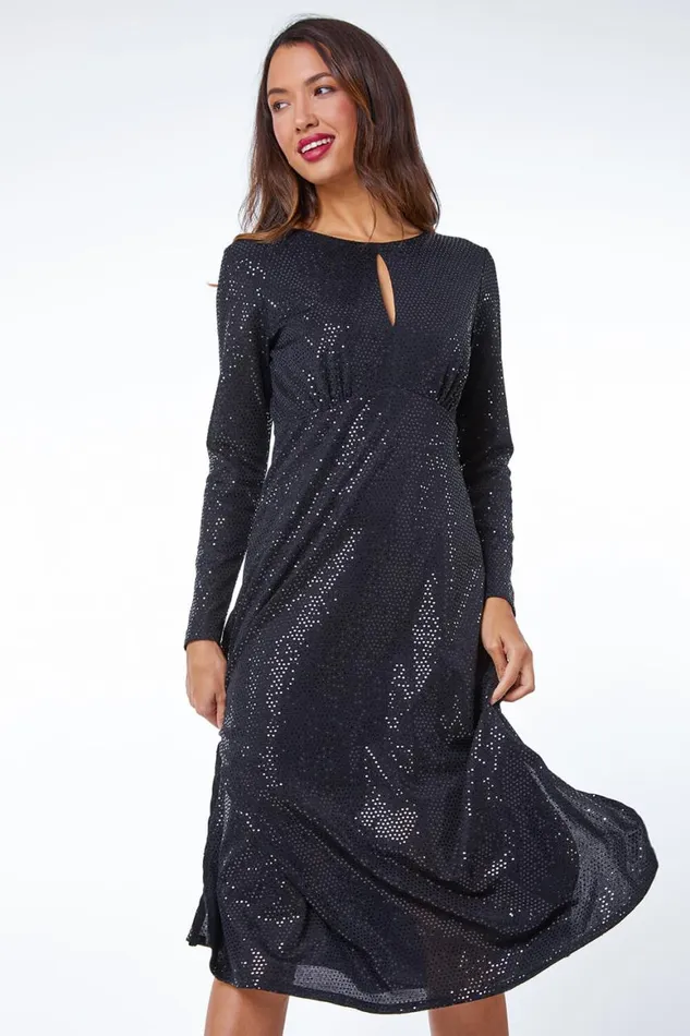 Women Black Sequin Keyhole Detail Ruched Midi Dress Roman Dresses