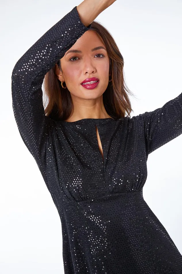 Women Black Sequin Keyhole Detail Ruched Midi Dress Roman Dresses