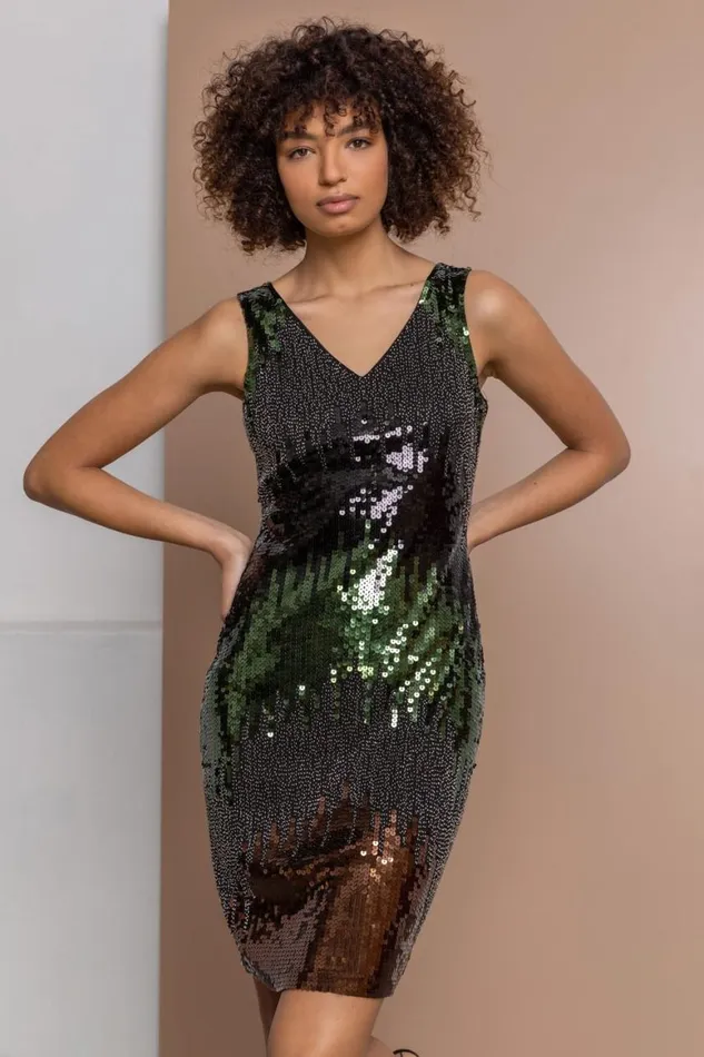 Women Black Sequin Ombre Print Dress Roman Dresses