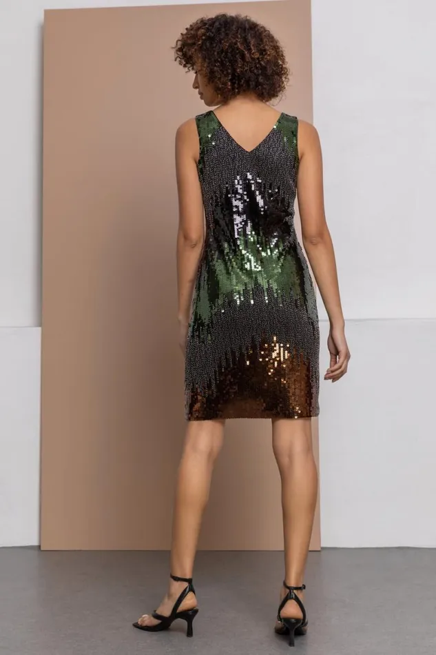 Women Black Sequin Ombre Print Dress Roman Dresses