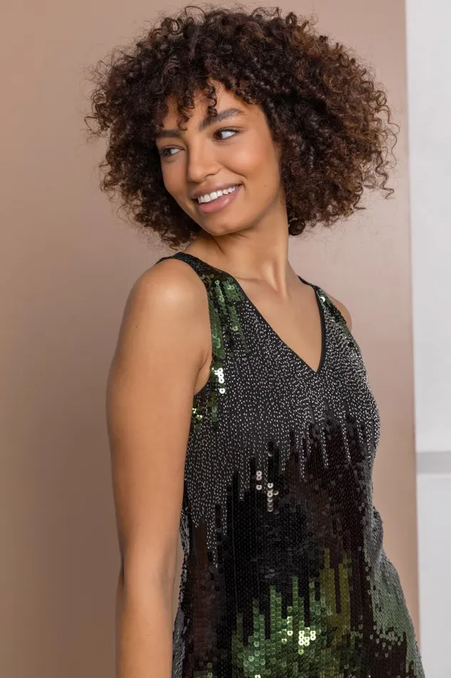 Women Black Sequin Ombre Print Dress Roman Dresses