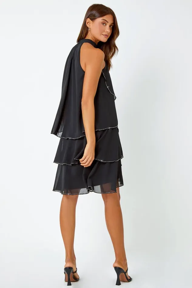 Women Black Sequin Trim Tiered Halterneck Dress Roman Dresses