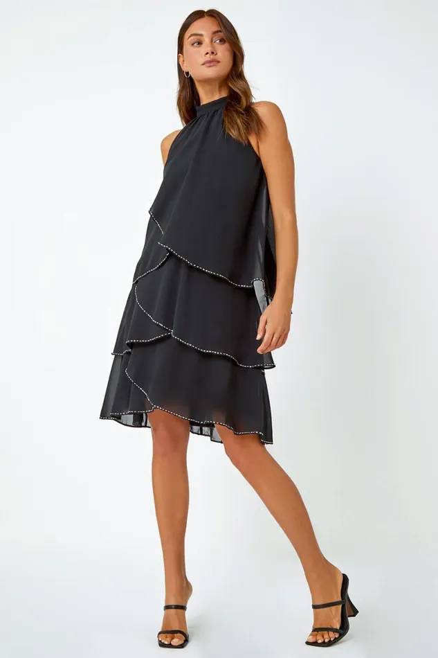 Women Black Sequin Trim Tiered Halterneck Dress Roman Dresses