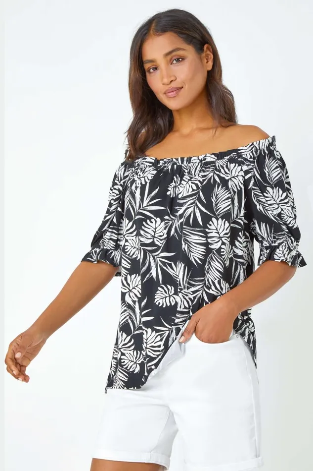 Women Black Shirred Bardot Palm Print Top Roman Tops