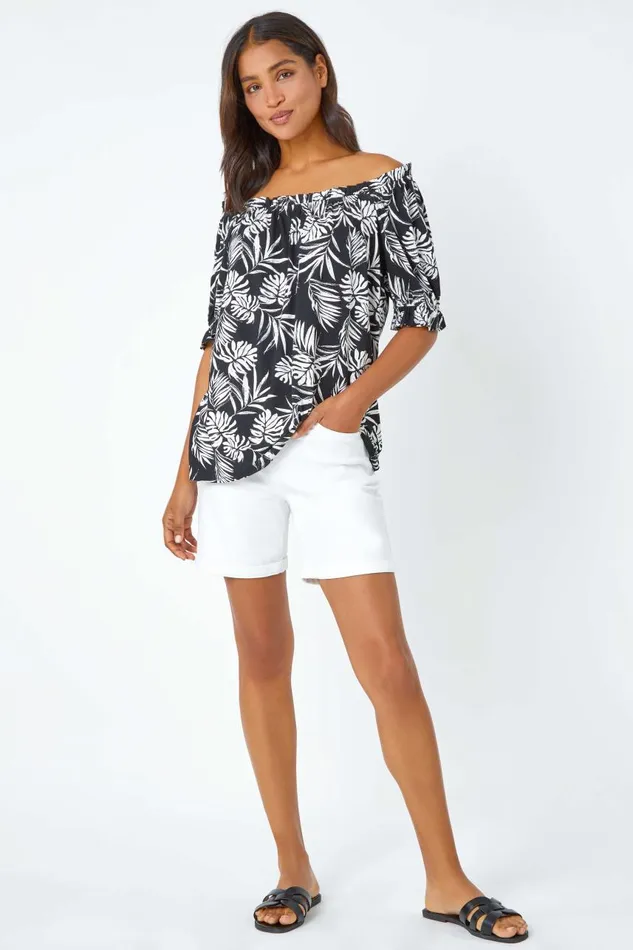 Women Black Shirred Bardot Palm Print Top Roman Tops