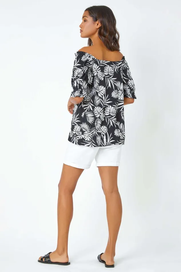 Women Black Shirred Bardot Palm Print Top Roman Tops