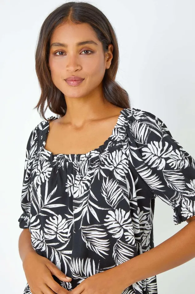 Women Black Shirred Bardot Palm Print Top Roman Tops