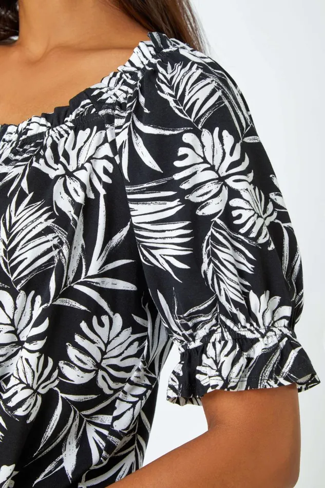 Women Black Shirred Bardot Palm Print Top Roman Tops