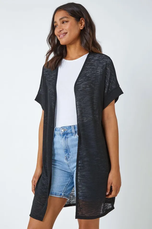 Women Black Short Sleeve Longline Cardigan Roman Knitwear