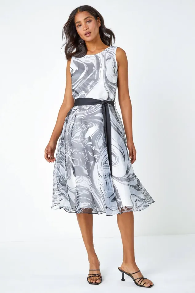 Women Black Sleeveless Marble Print Dress Roman Dresses